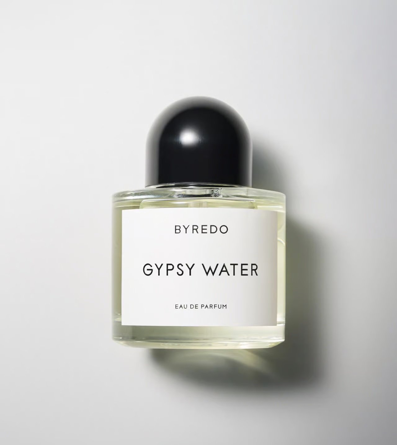 Byredo Gypsy Water eau de parfum bottle with dark round cap and clear glass