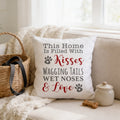 White dog pillow cover with paw-print quote in red and black lettering