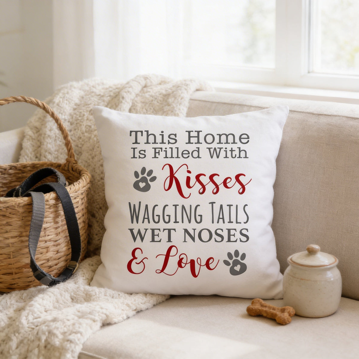 White dog pillow cover with paw-print quote in red and black lettering