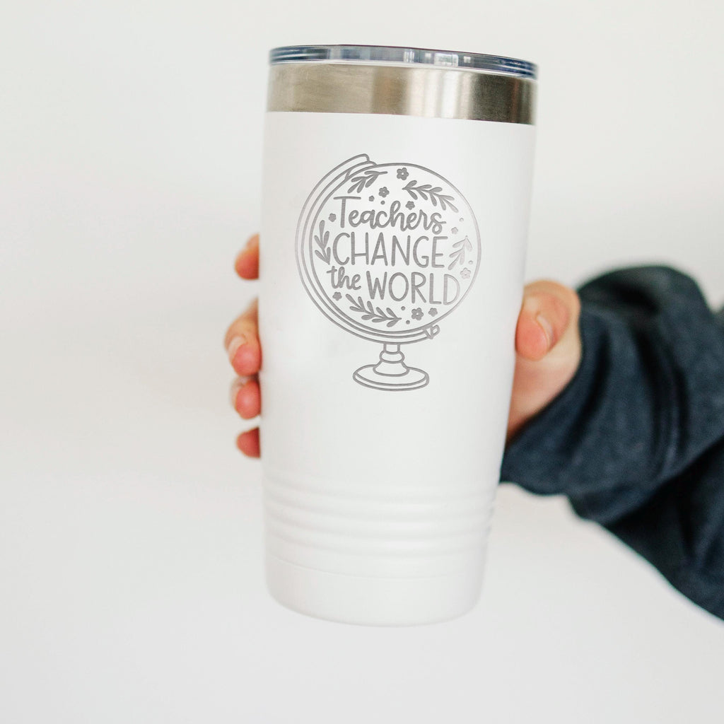 White insulated travel tumbler with stainless rim and Teachers Change the World logo