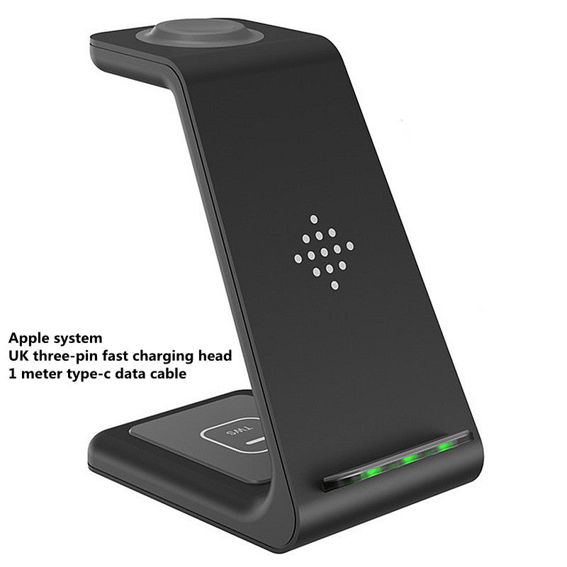 Black wireless charging stand dock with phone cradle and dual charging pads, LED strip.