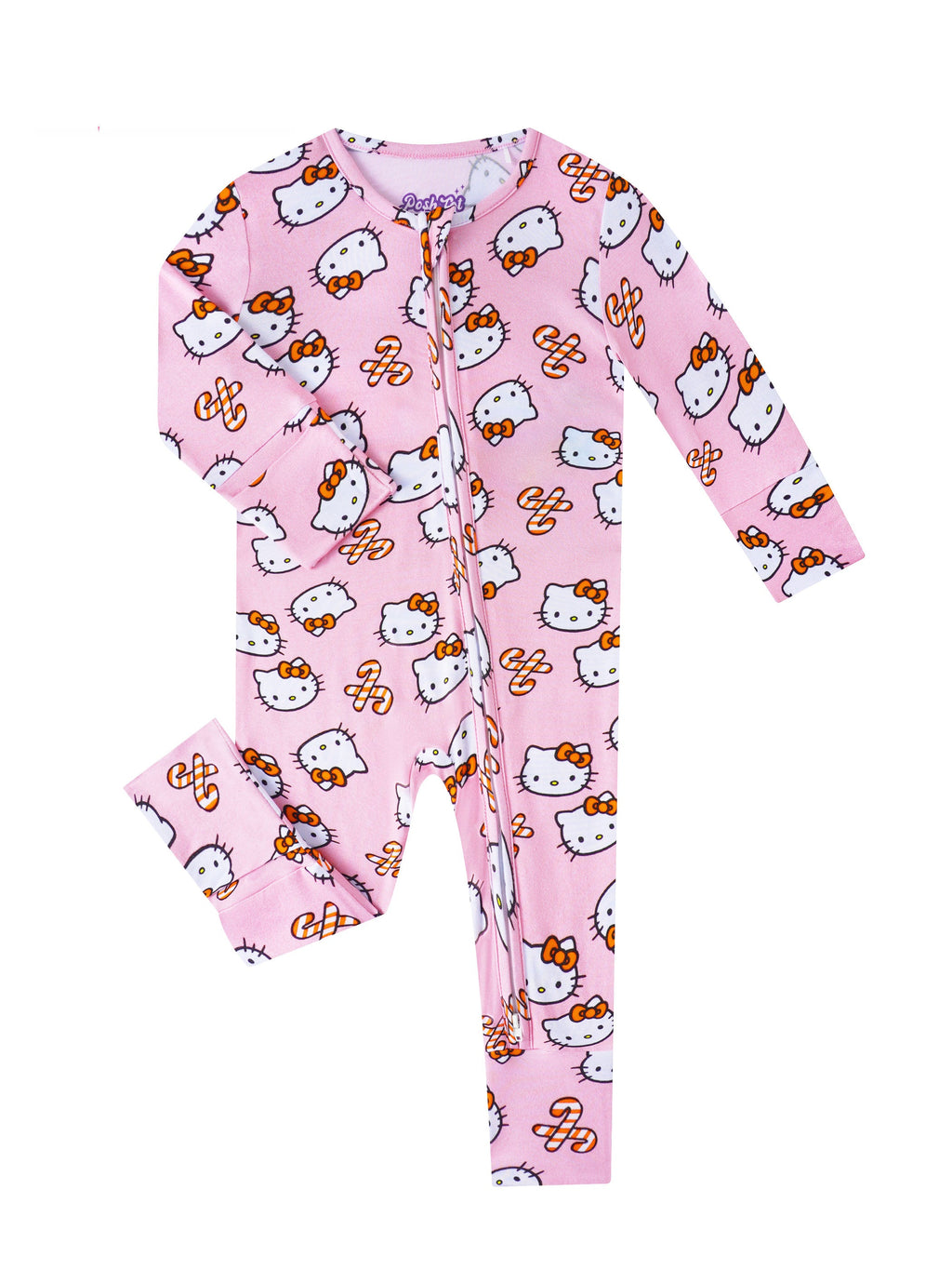 Pink baby romper with allover Hello Kitty print, long sleeves, and full-length zipper