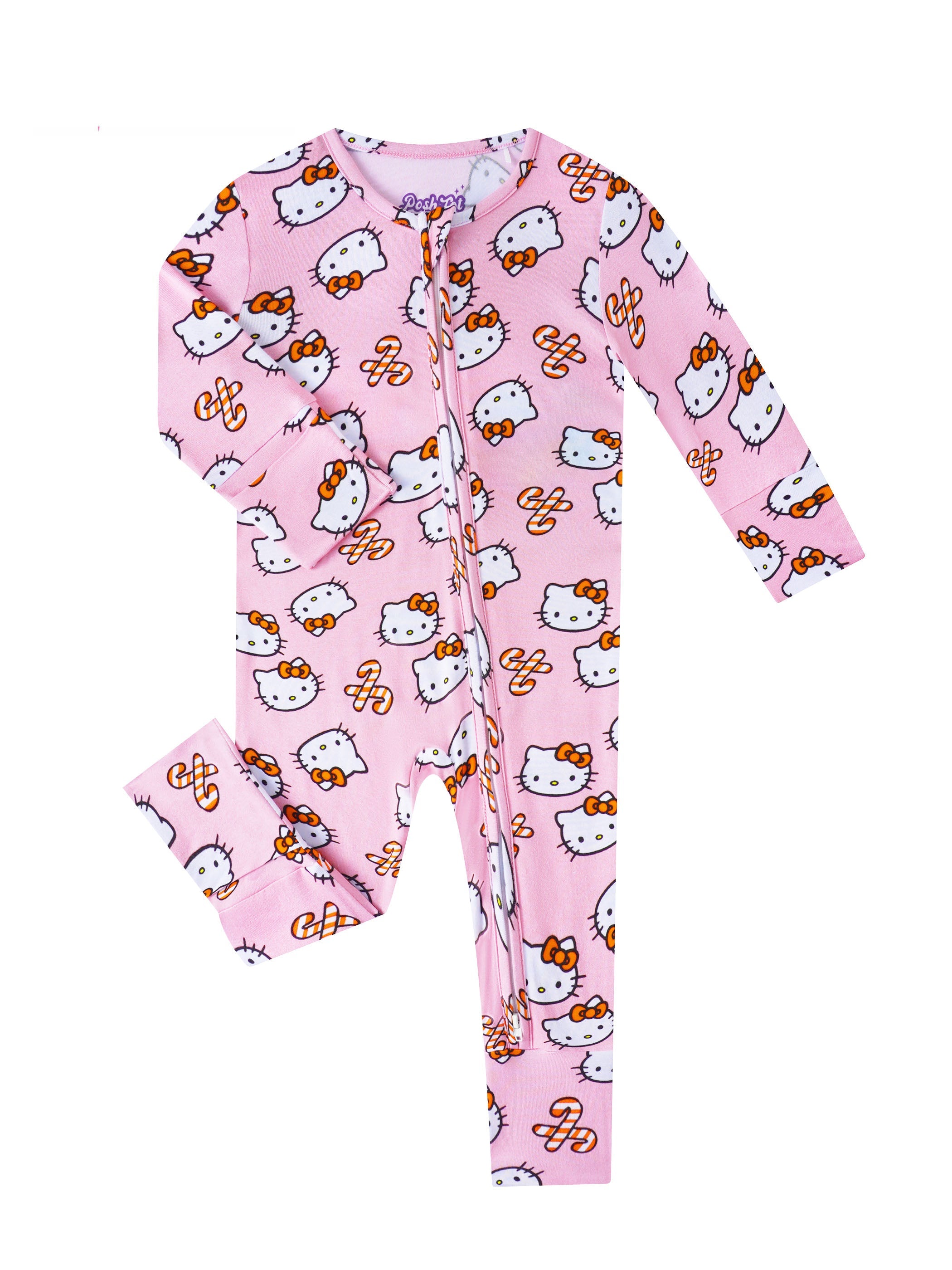 Pink baby romper with allover Hello Kitty print, long sleeves, and full-length zipper
