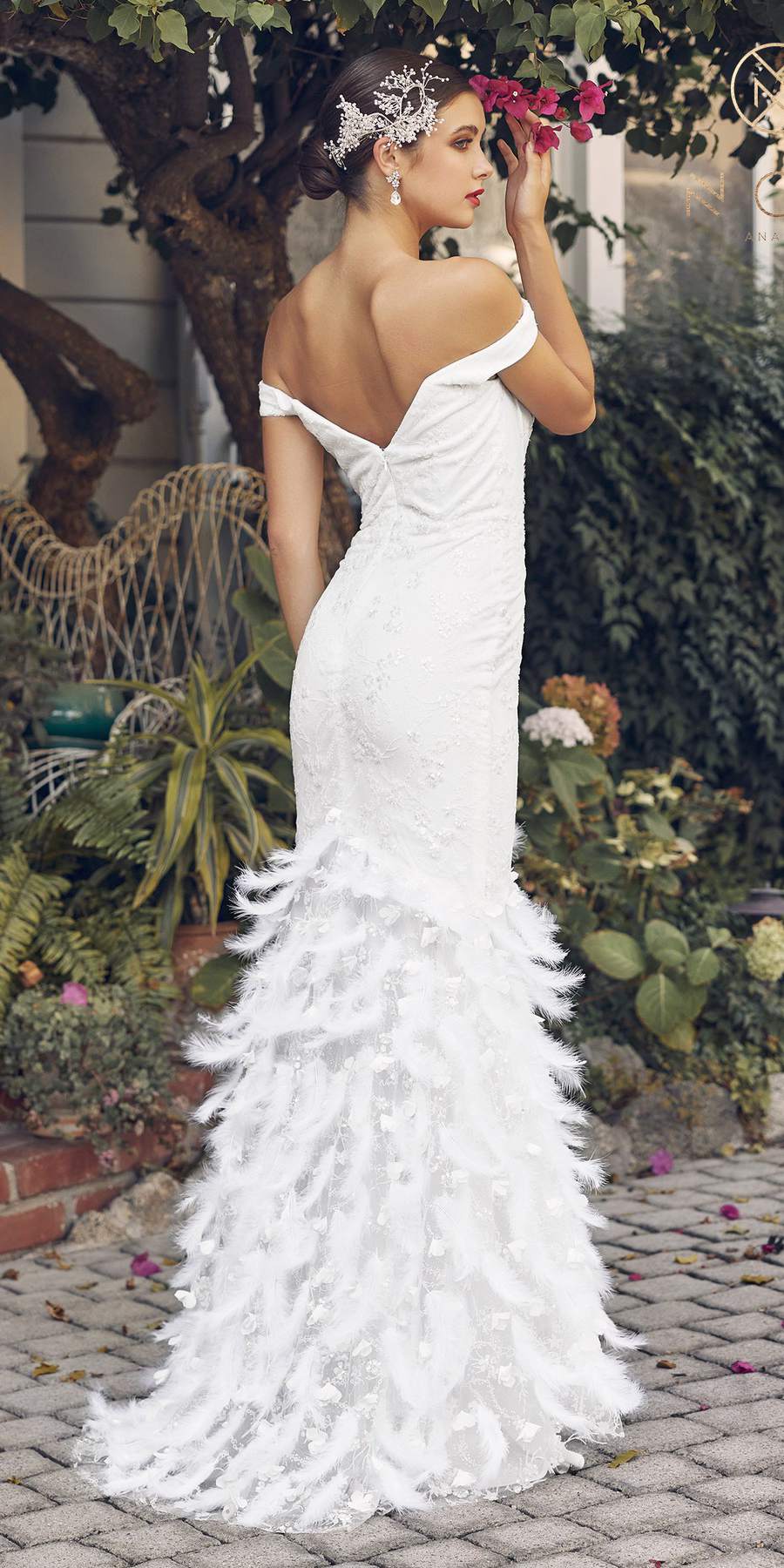 White off-shoulder mermaid gown, feather-trimmed hem and fitted waist