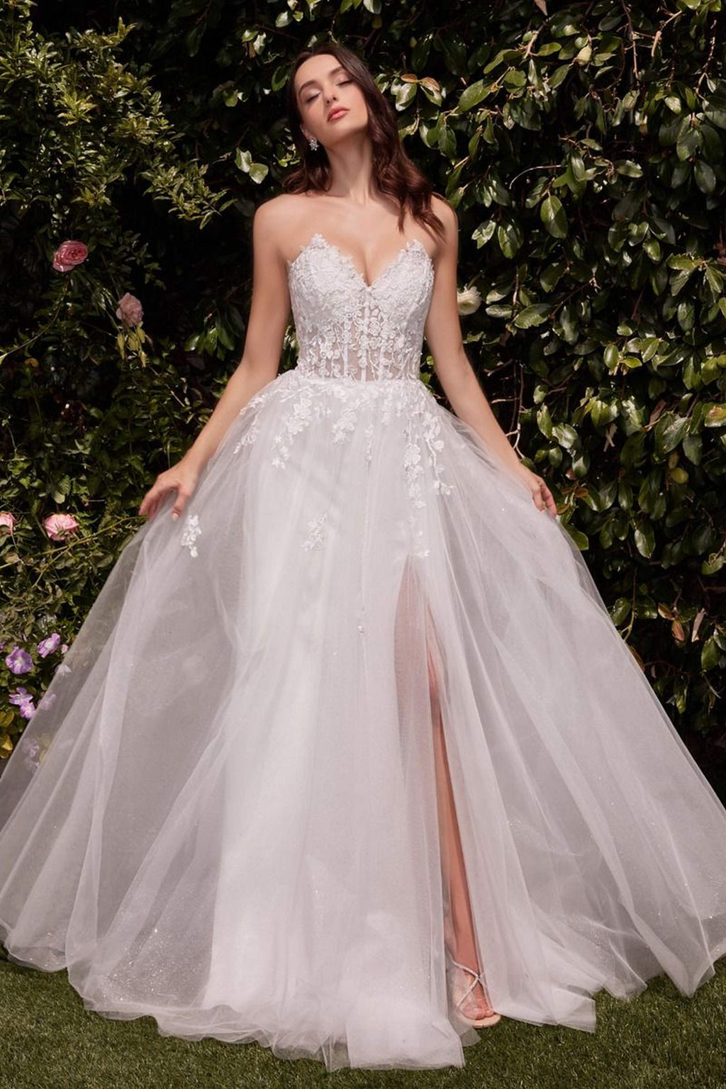 Off-white strapless A-line wedding dress with lace bodice and tulle skirt