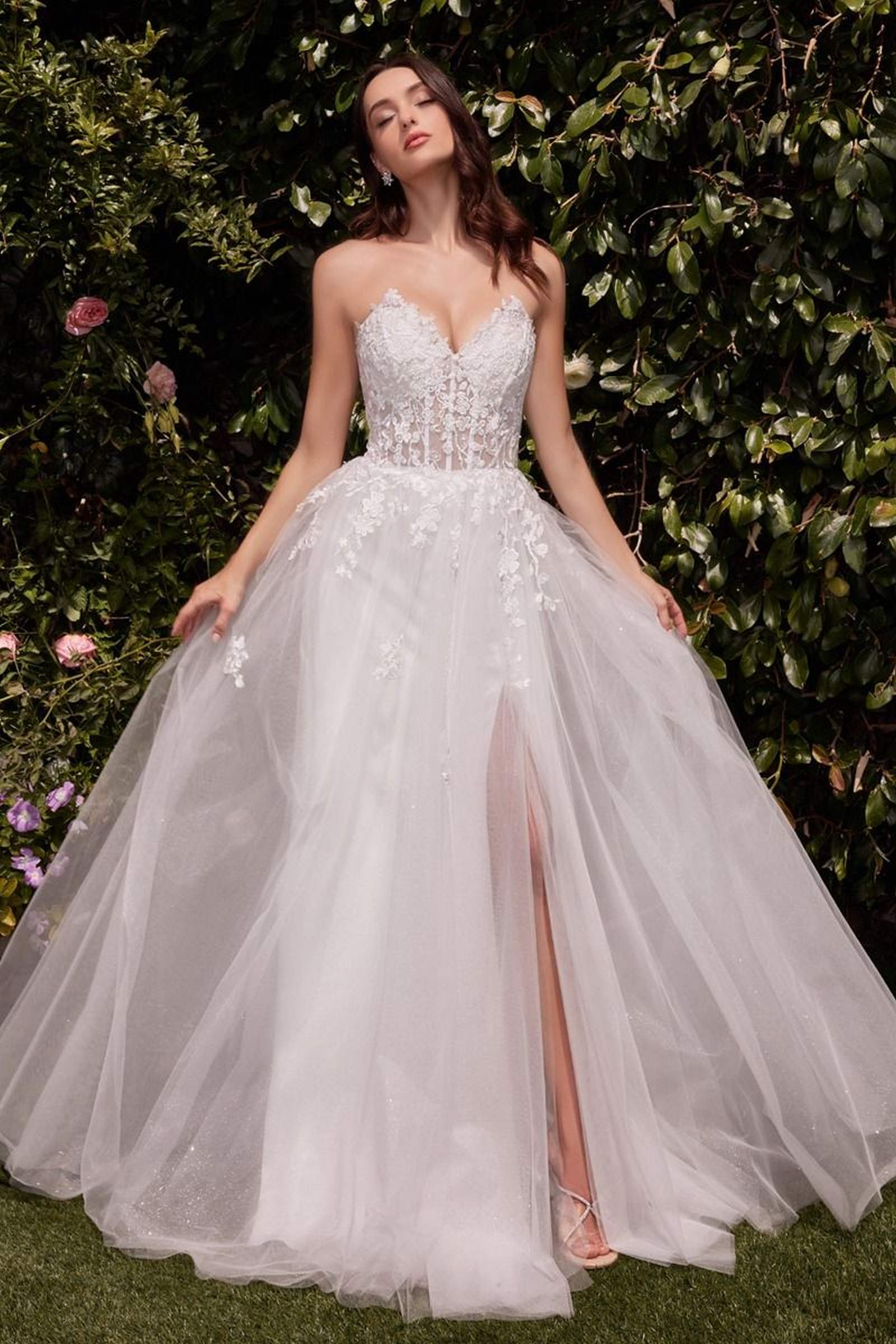 Off-white strapless A-line wedding dress with lace bodice and tulle skirt