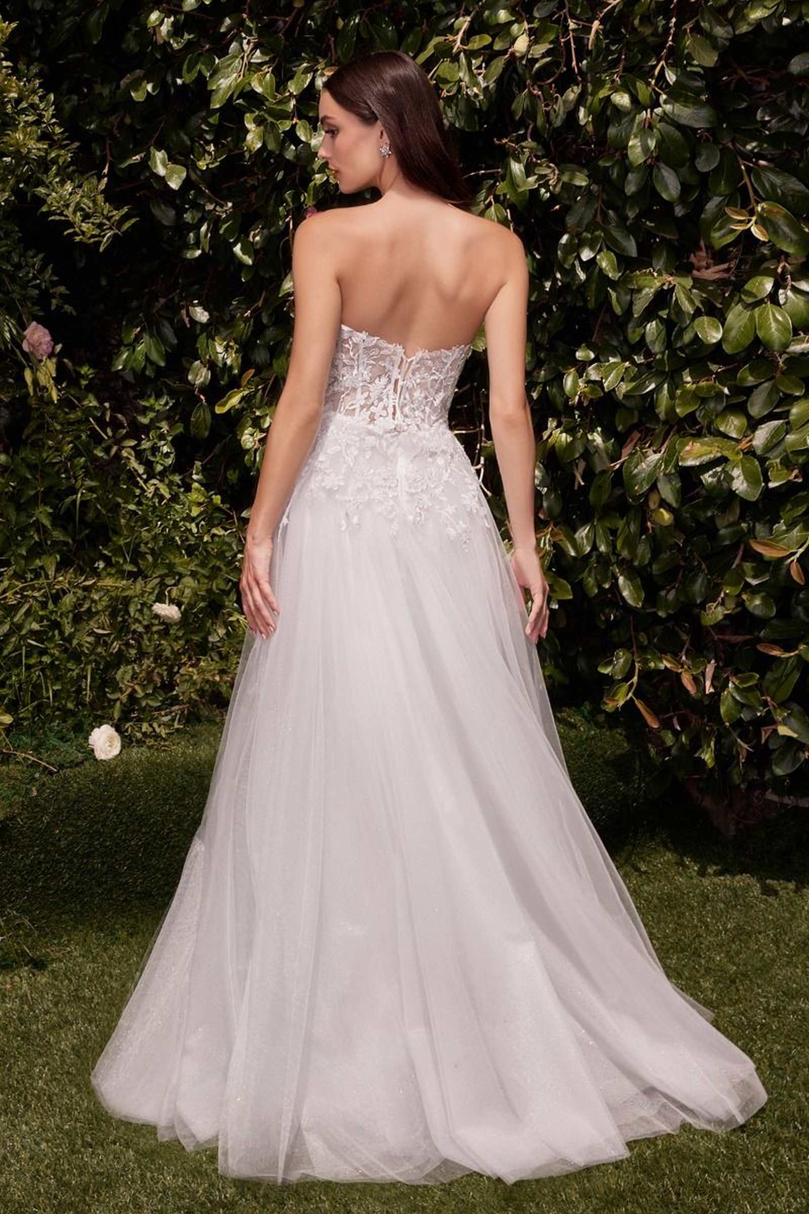 Off-white strapless A-line wedding dress shown from back, lace bodice, tulle skirt