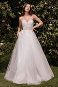 Off-white strapless A-line wedding dress, lace corset bodice, full tulle skirt