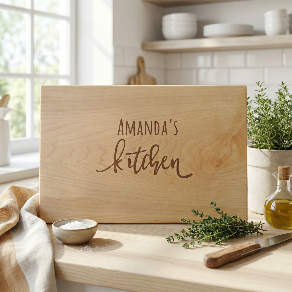 Personalized light wood cutting board with engraved “Amanda's Kitchen” text