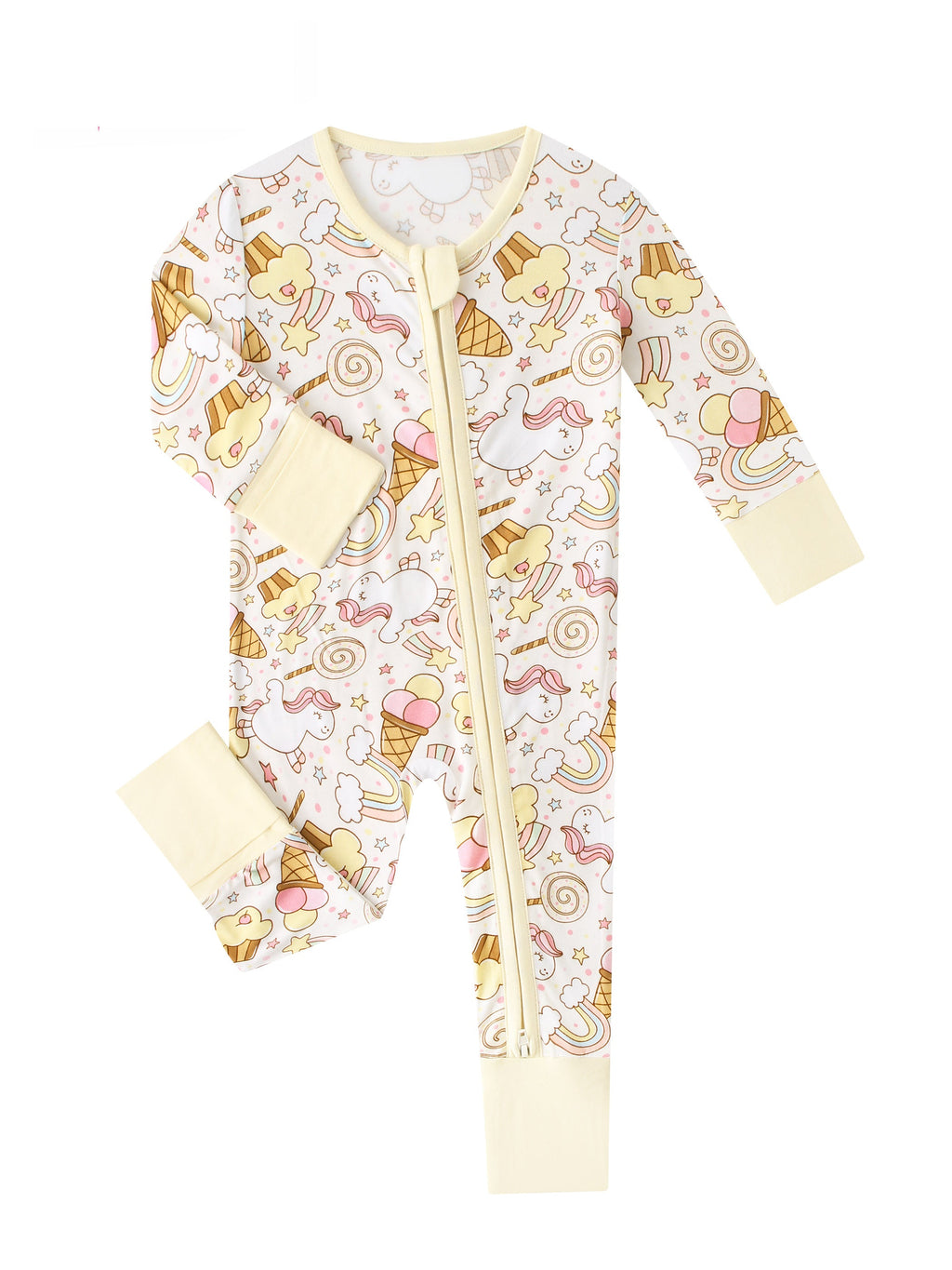 Cream bamboo baby romper with long sleeves, front zipper, and rainbow snacks allover print
