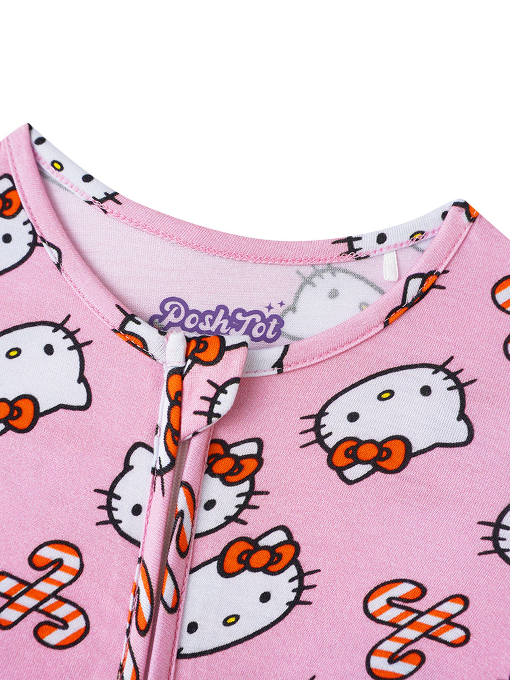Pink baby romper neckline with front zipper placket and Hello Kitty pattern