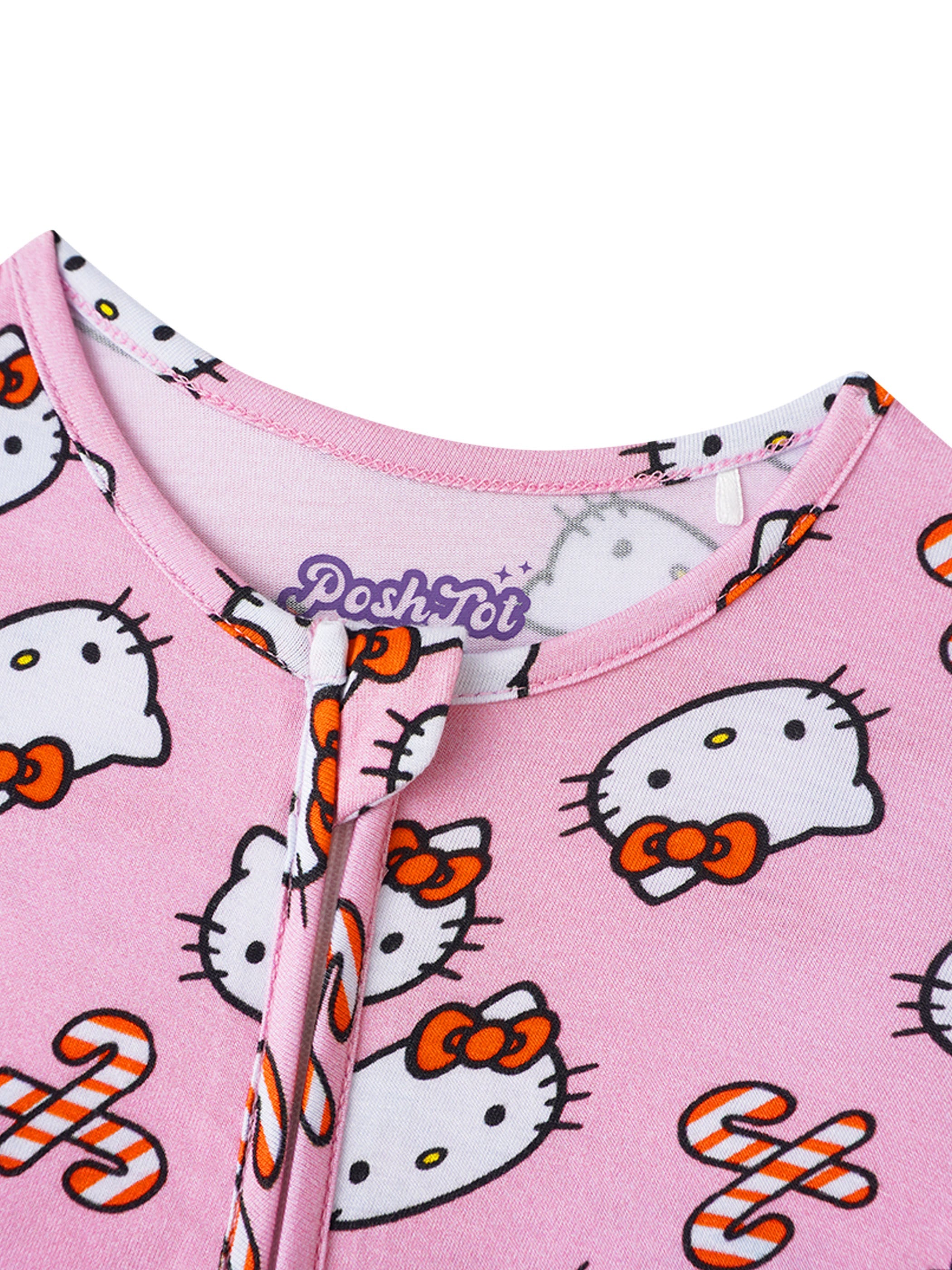 Pink baby romper neckline with front zipper placket and Hello Kitty pattern