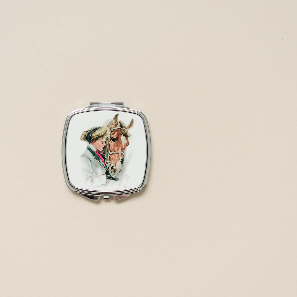 Silver compact mirror with square frame and vintage horse portrait on lid