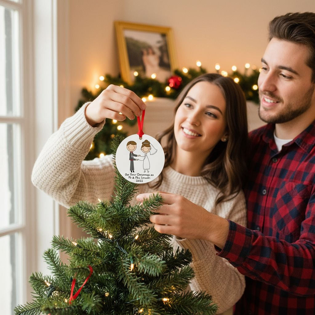 Round white wedding ornament with red ribbon, illustrated couple and '2022' text, held on a tree