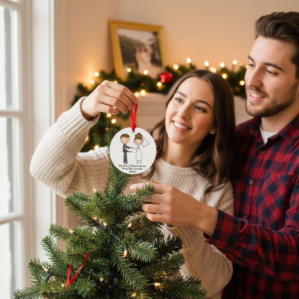 Round white wedding ornament with red ribbon, illustrated couple and '2022' text, held on a tree