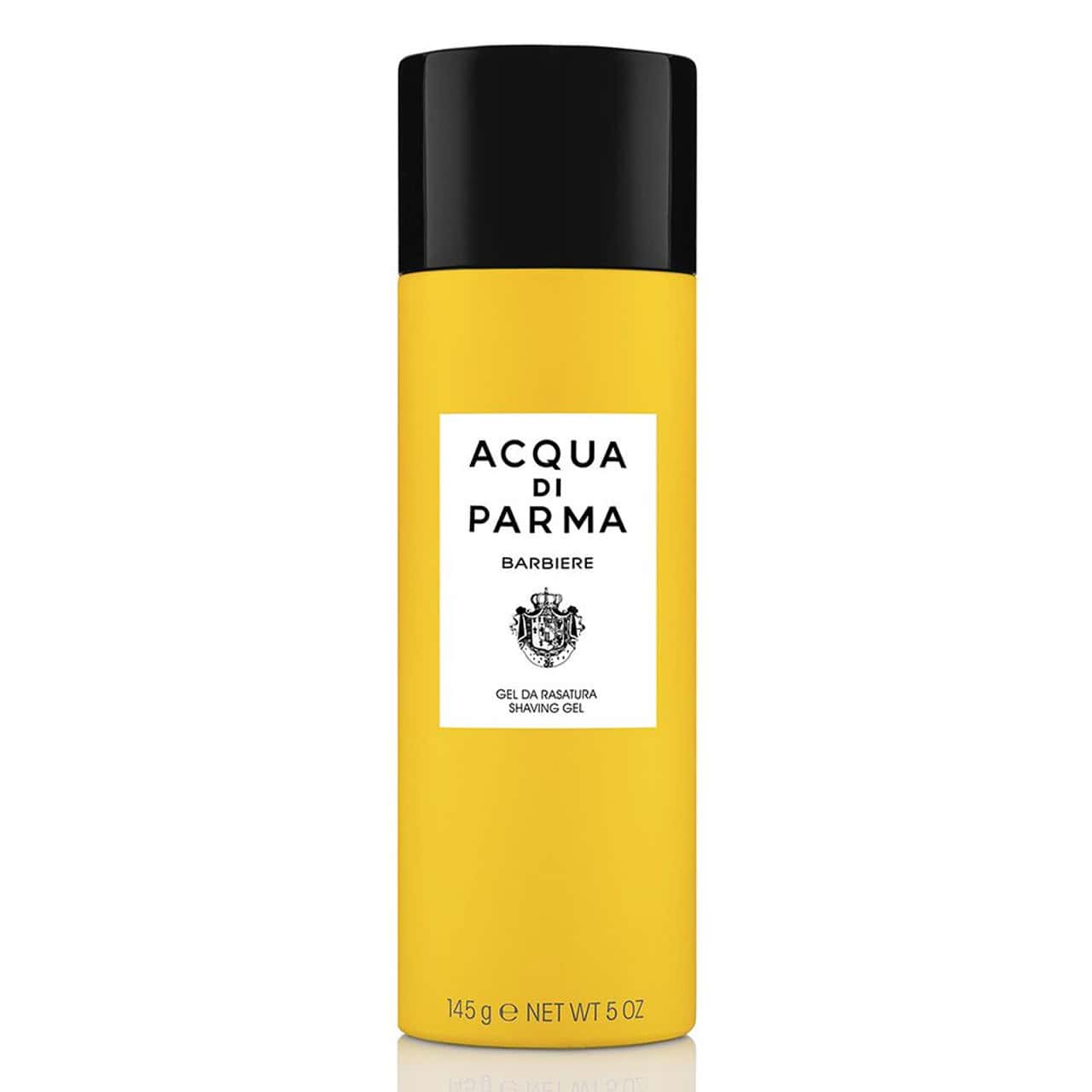 Acqua di Parma Barbiere shaving gel bottle, yellow bottle with black cap.