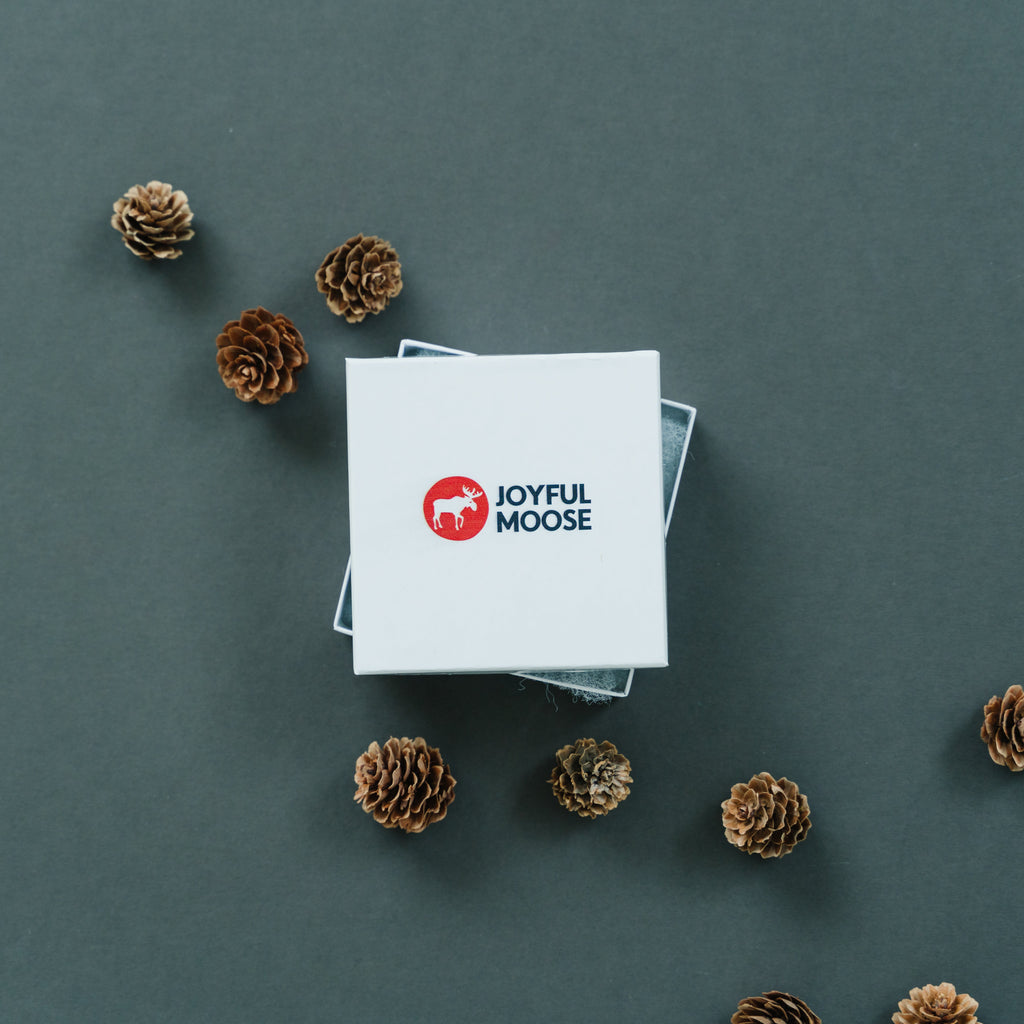 Set of greeting cards with “JOYFUL MOOSE” logo on square white cards