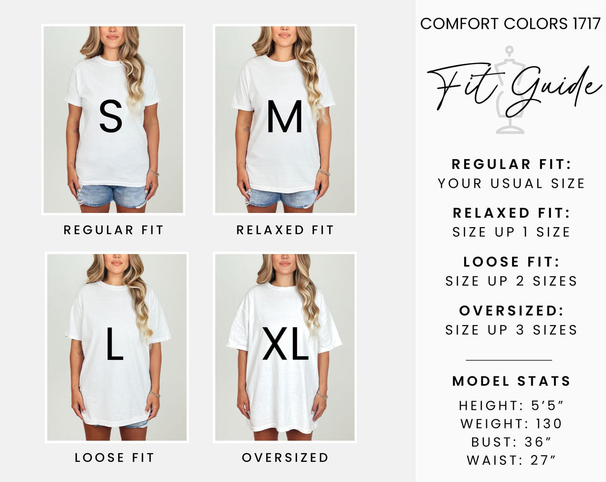 Unisex tee fit guide chart showing regular fit, relaxed fit, and oversized sizing with size examples.