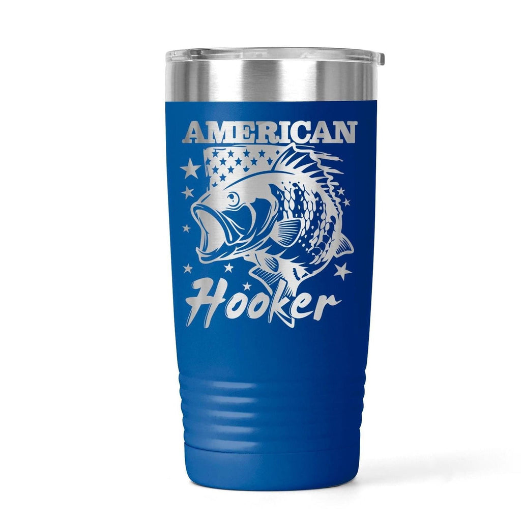 Insulated stainless steel tumbler with spill-resistant lid, blue with American Hooker fish design