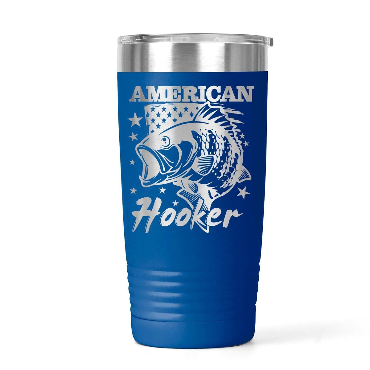 Insulated stainless steel tumbler with spill-resistant lid, blue with American Hooker fish design