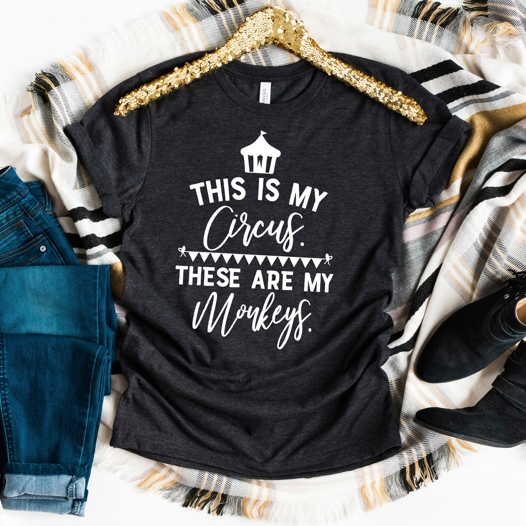 Black crew-neck T-shirt with "This is my Circus" quote and monkey graphic