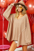 Relaxed Fit Waffle Knit Top with V-Neck and High-Low Hem