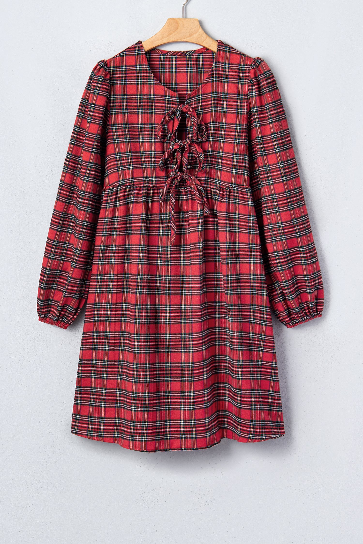 Plaid Bow Tie Front Puff Long Sleeve Dress