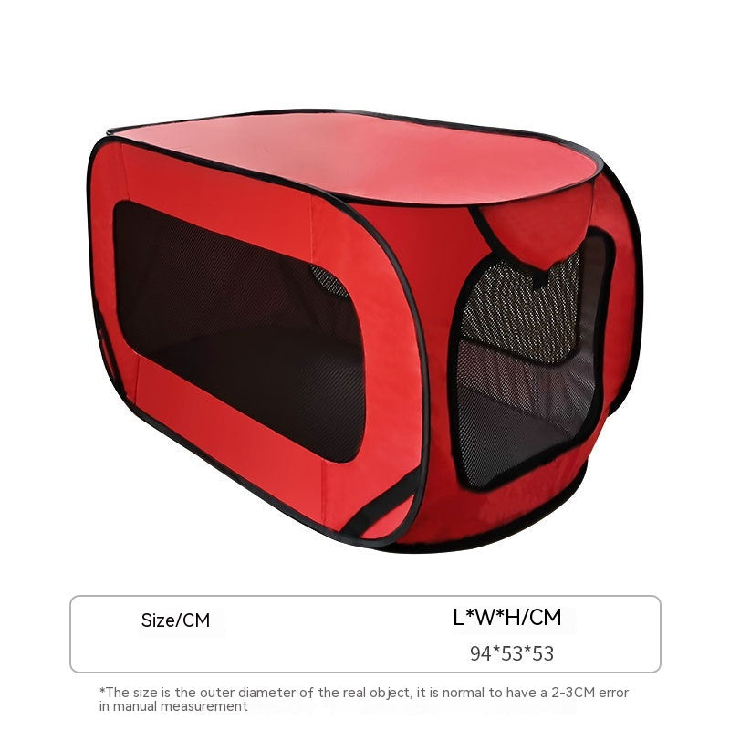 Red folding pet car cage with black mesh windows and heart-shaped door pocket