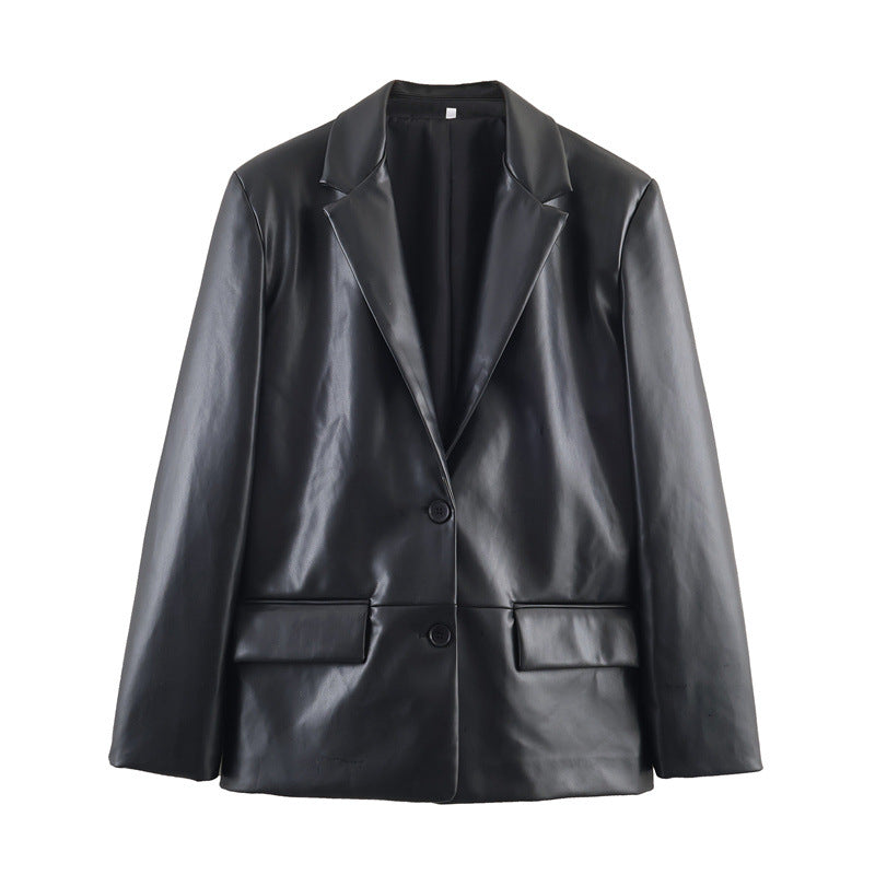 Fashion Temperament Women's Straight Leather Effect Blazer