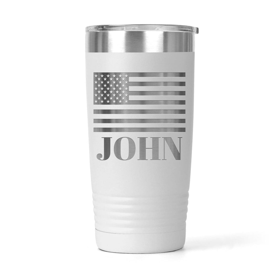 Insulated white tumbler with gray patriotic flag graphic and 'JOHN' name