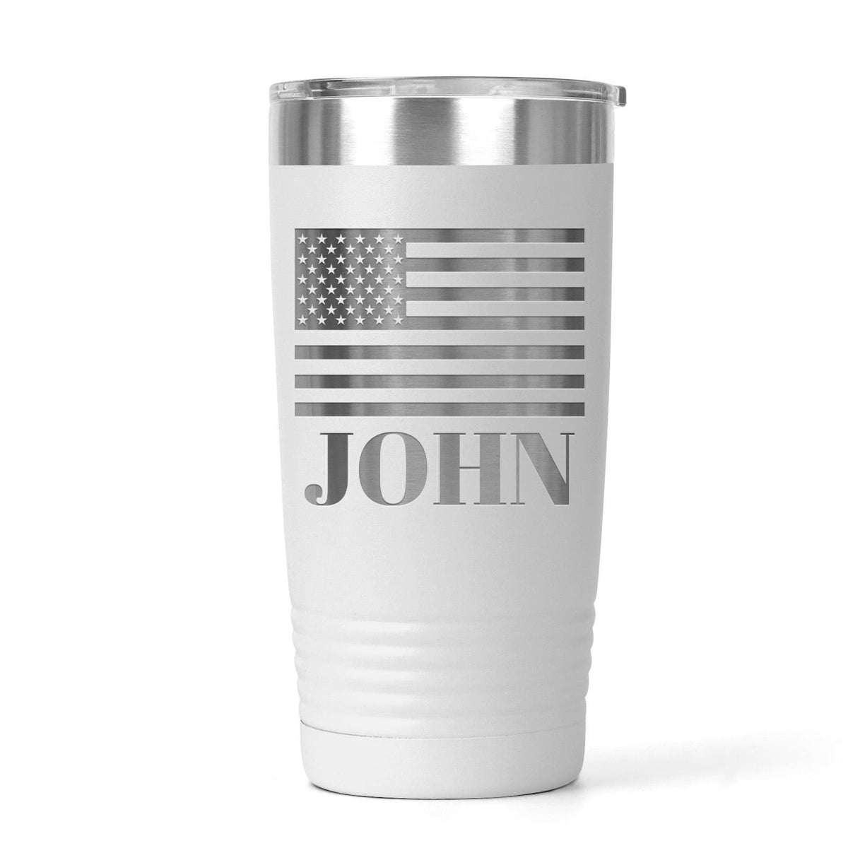 Insulated white tumbler with gray patriotic flag graphic and 'JOHN' name