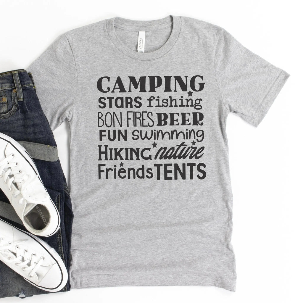 Light gray camping T-shirt with printed outdoor words and crew neck