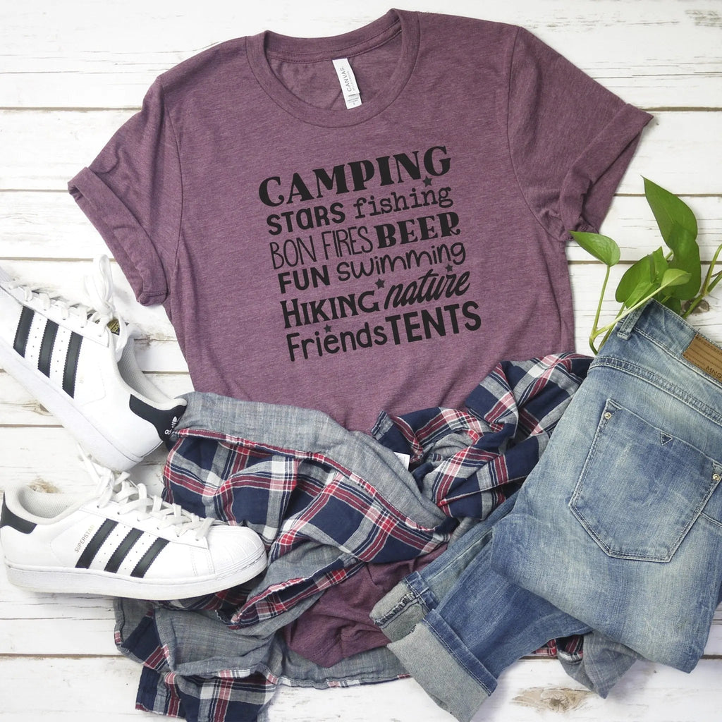 Maroon camping T-shirt with printed outdoor words and crew neck