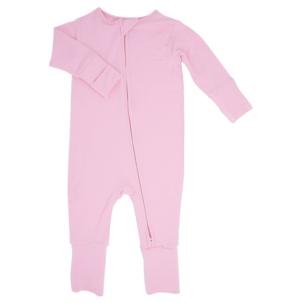 Pink footed romper for girls with long sleeves and centered front zipper