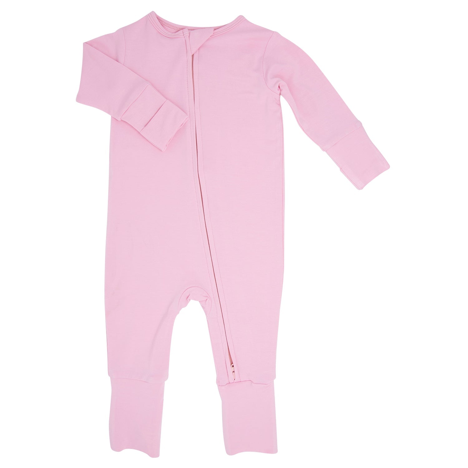 Pink footed romper for girls with long sleeves and centered front zipper