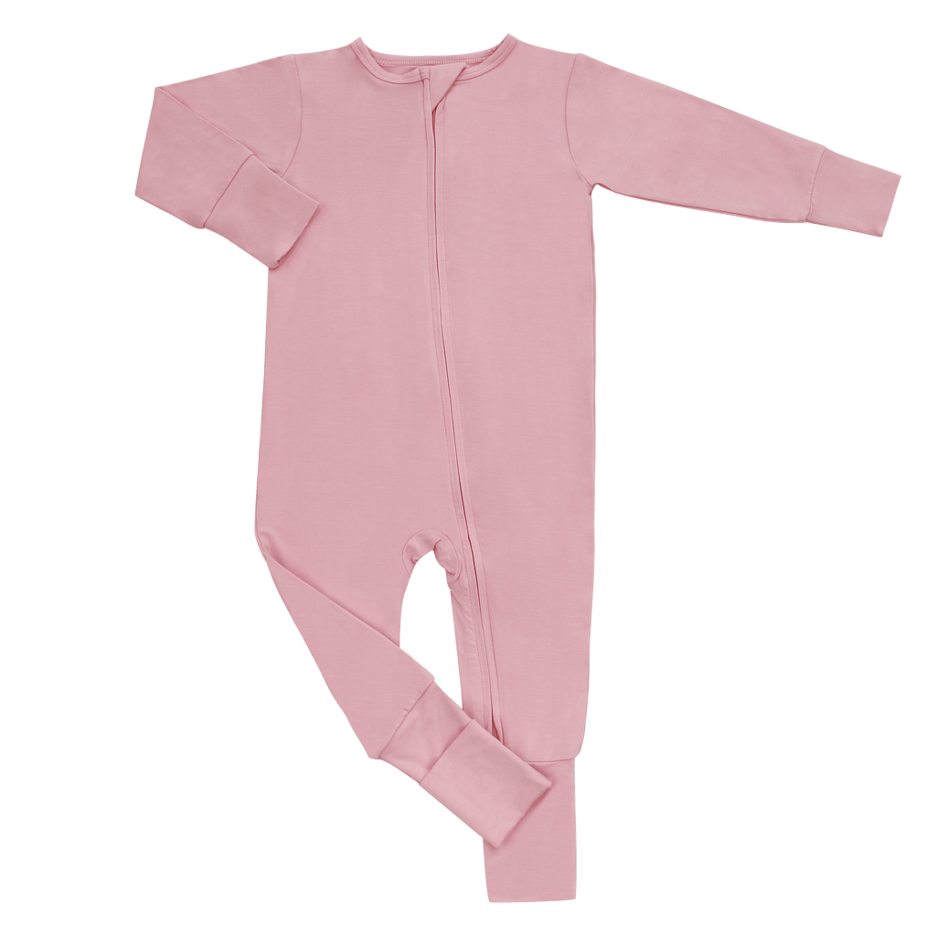 Pink footed romper for girls with full-length front zipper and long sleeves