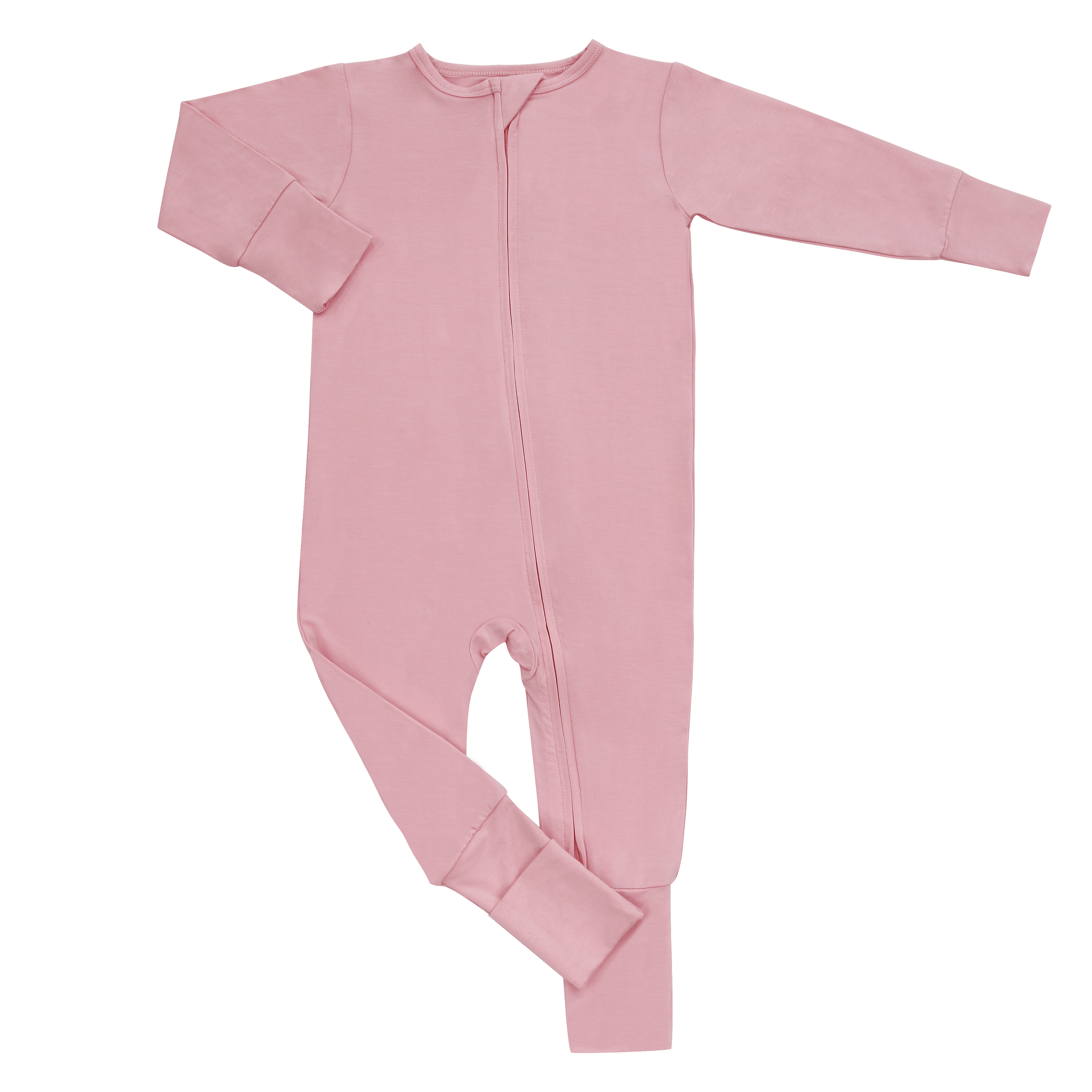 Pink footed romper for girls with full-length front zipper and long sleeves