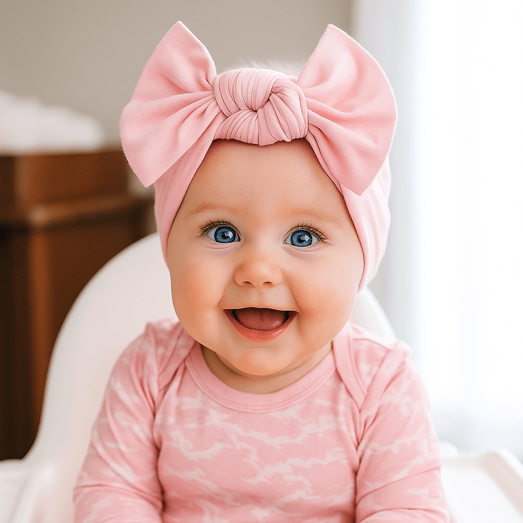 Candy pink knotted bow baby headband on infant