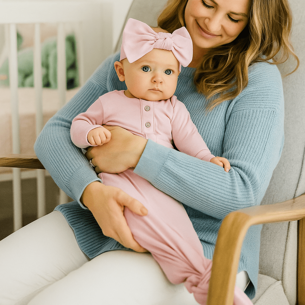 Pink knotted baby gown with long sleeves and front snaps, knot at waist