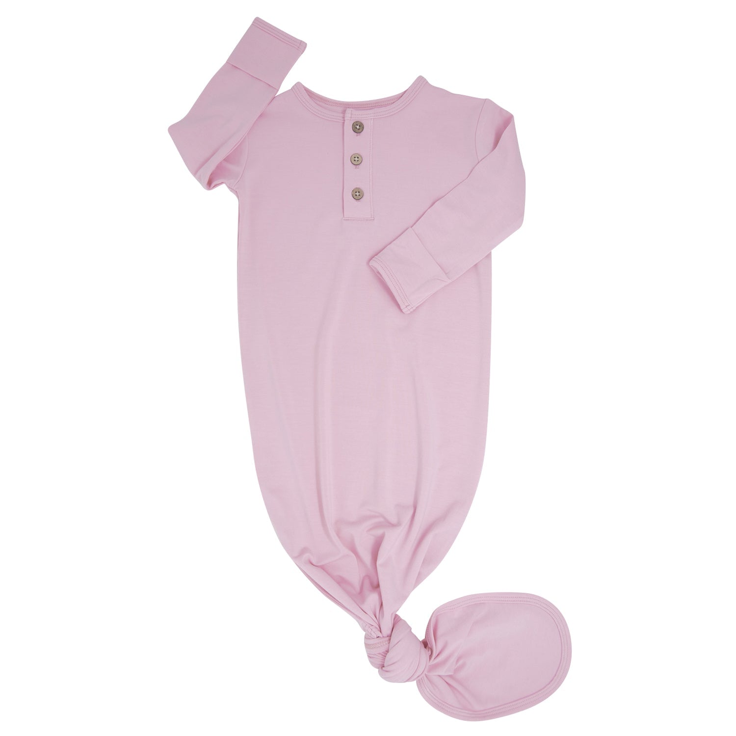 Pink knotted baby gown, long sleeves, front snap placket, gathered waist