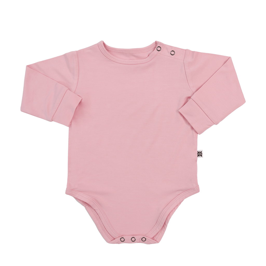 Candy pink long-sleeve bodysuit with snap buttons at neckline, solid knit