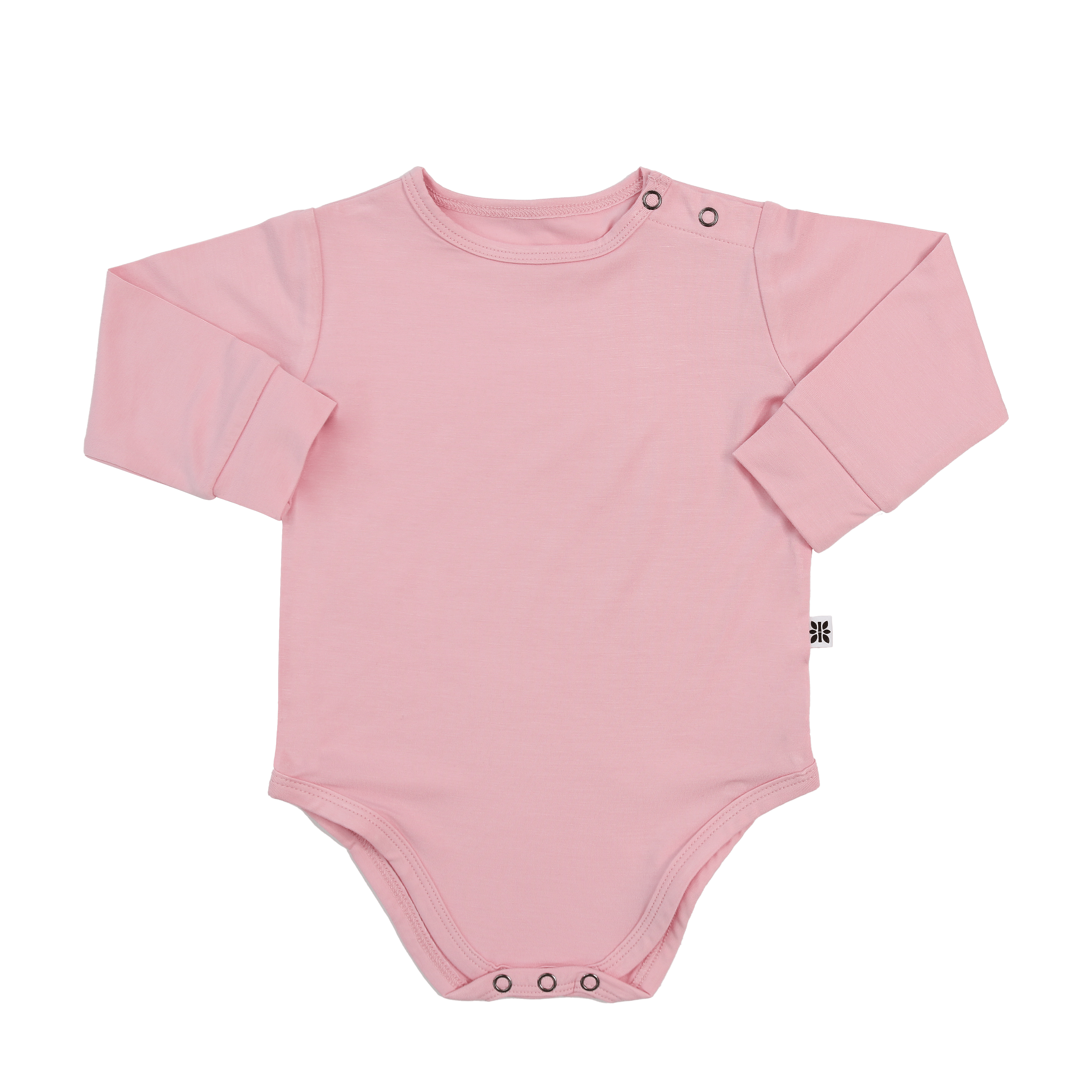 Candy pink long-sleeve bodysuit with snap buttons at neckline, solid knit