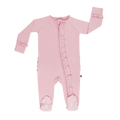 Candy pink ruffle footie with zip front, long sleeves, and ruffled trim, built-in feet