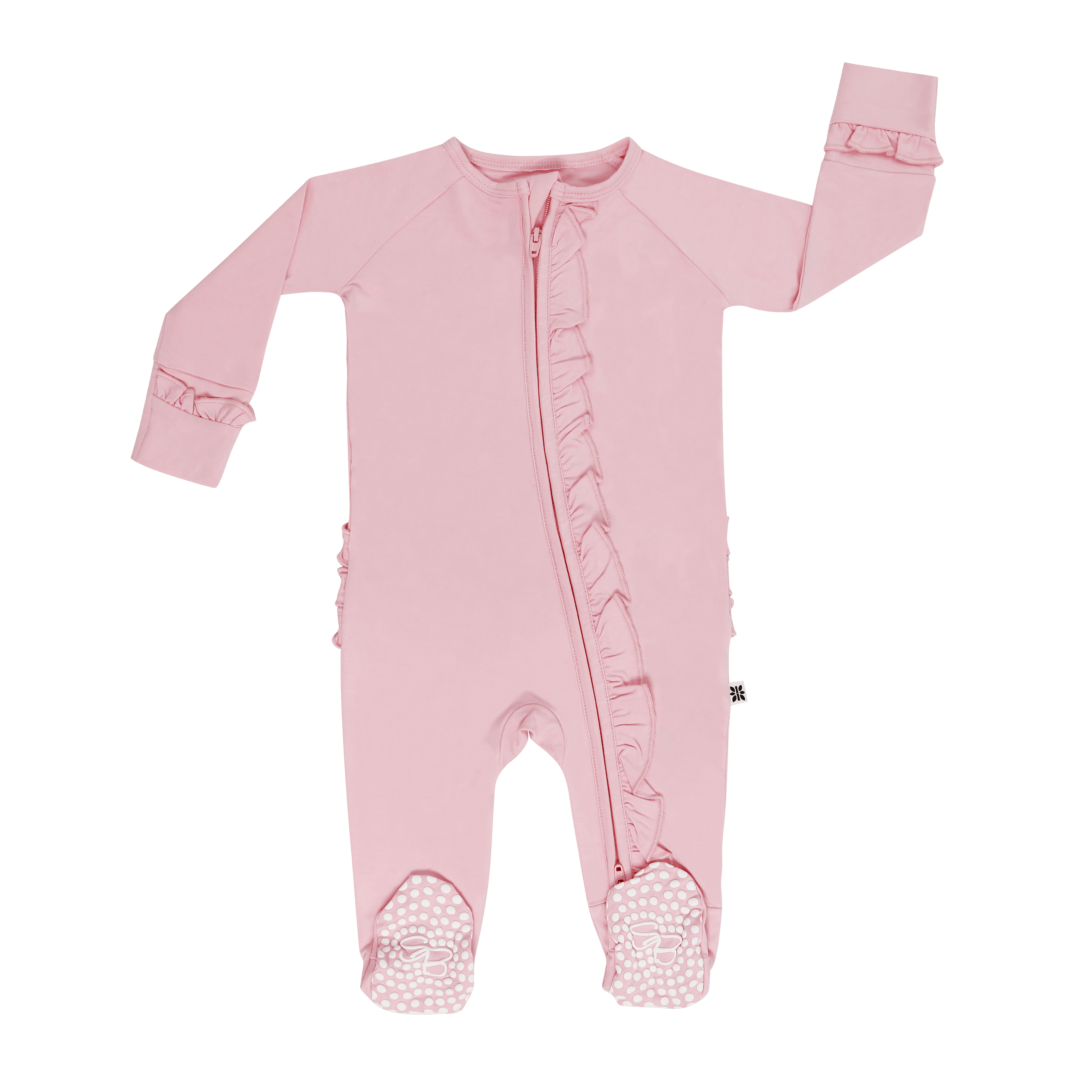 Candy pink ruffle footie with zip front, long sleeves, and ruffled trim, built-in feet
