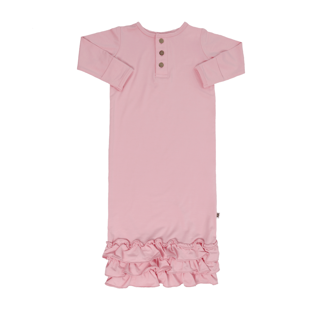 Pink long-sleeve gown with button placket and layered ruffled hem