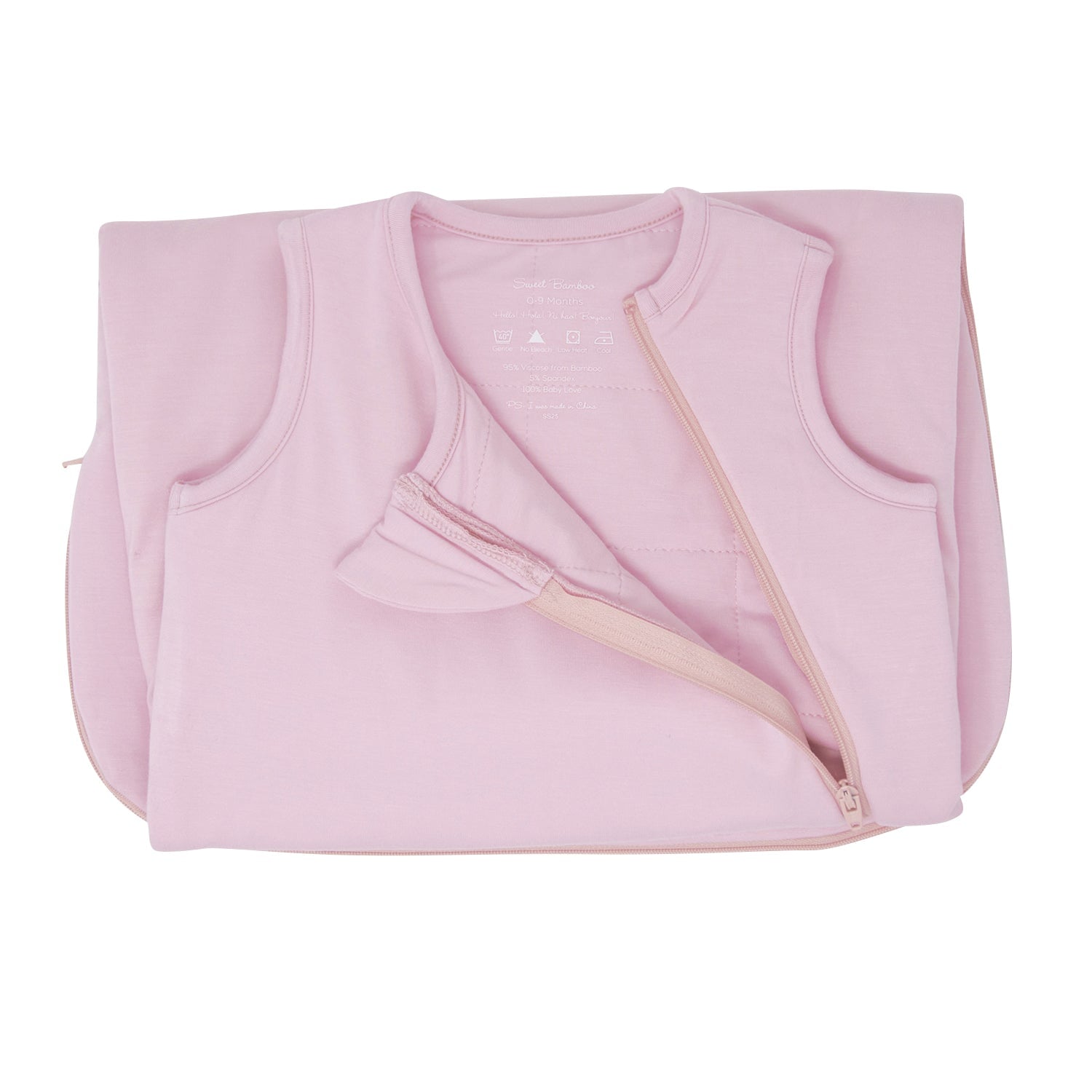 Candy pink baby sleep sack folded, showing front zipper and shoulder opening