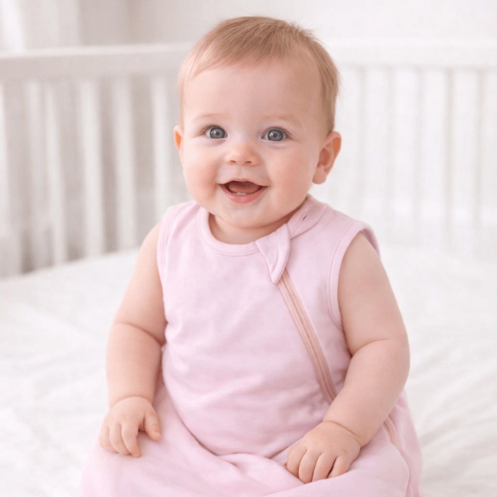 Pink sleeveless baby sleep sack on a girl, with front zipper
