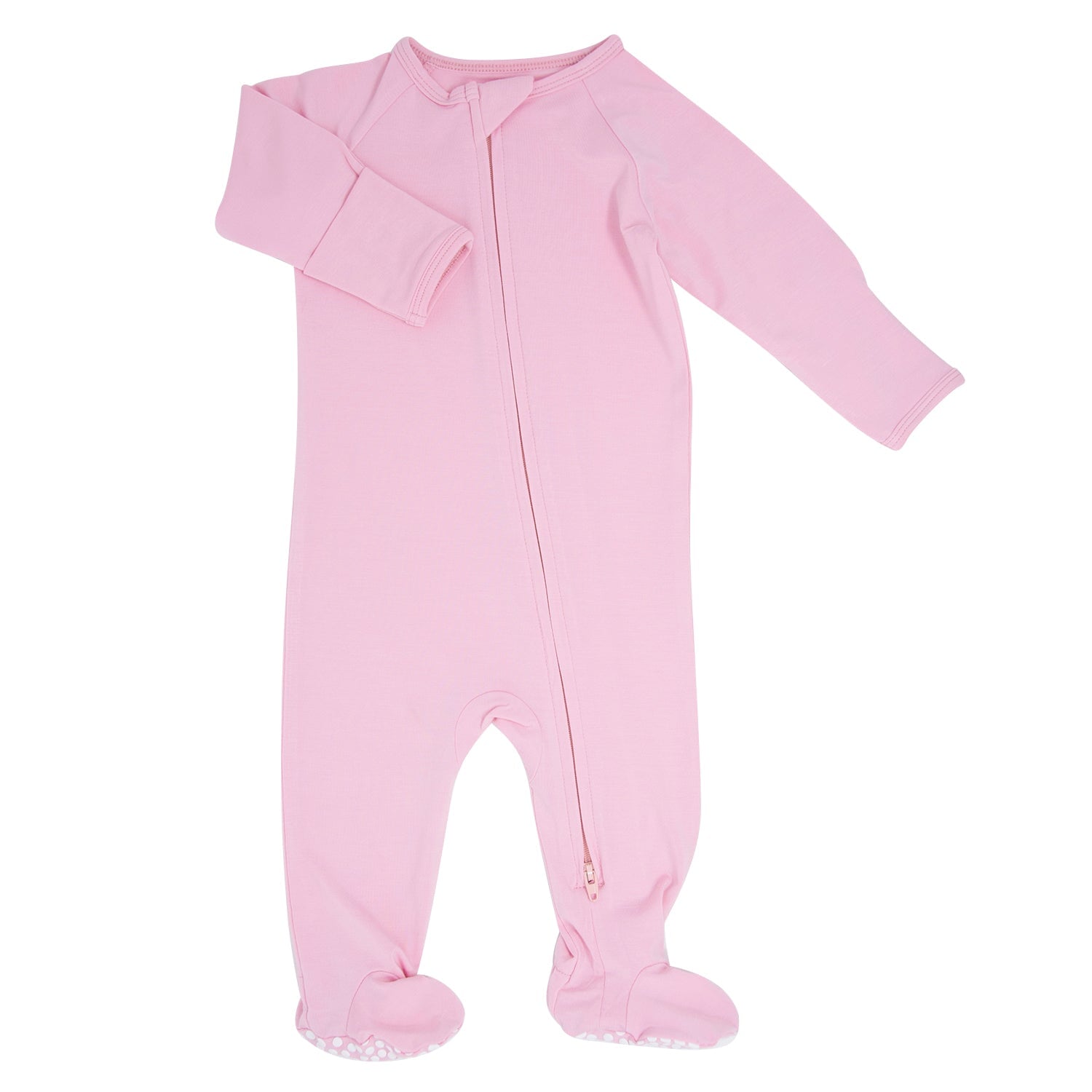 Candy pink zipper footie, long sleeves and front zip with cuffed ankle feet