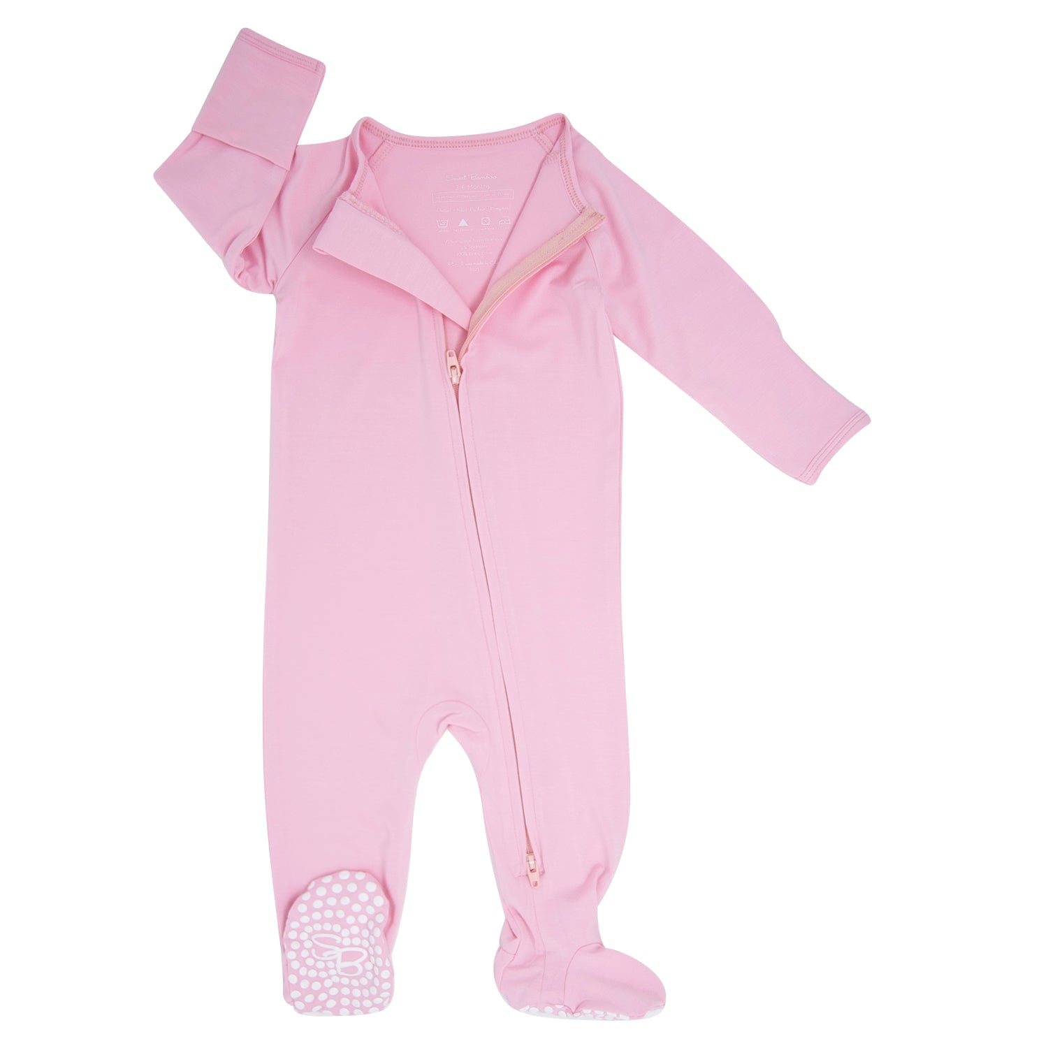 Candy pink zipper footie, long sleeves, zip front, and soft foot grips