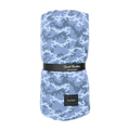 Kids blue camouflage cloud blanket, folded with Sweet Bamboo labels